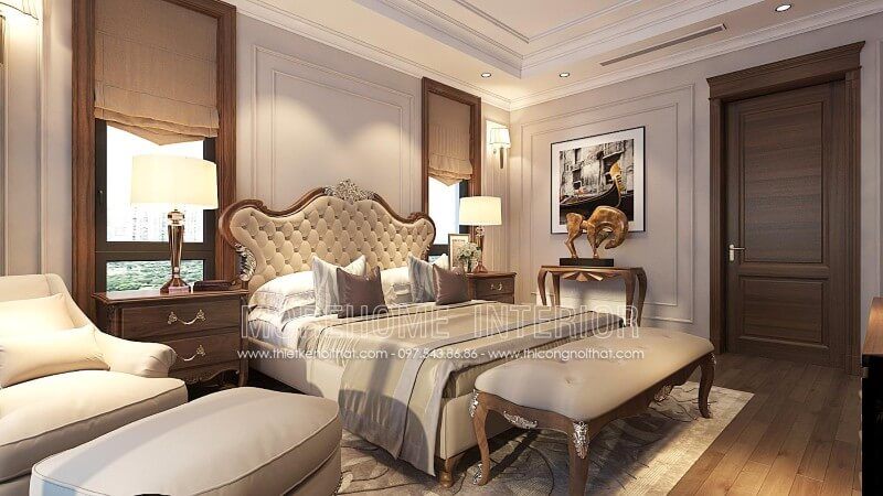 Thiết kế giường ngủ biệt thự cao cấp, phong cách tân cổ điển tinh tế nhấn sâu vào từng đường nét chạm khắc, uốn lượn toát lên vẻ sang trọng và đẳng cấp của chủ nhân